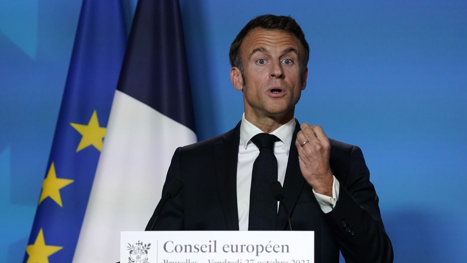 BRUSSELS, BELGIUM - OCTOBER 27:  France's president, Emmanuel Macron, talks during a press conference at EU Leaders Summit on October 27, 2023 in Brussels, Belgium. After days spent deliberating on the language in their statement in support of both Israel's right to defend as well as raising concern for Palestinian civilians in Gaza, the EU leaders are set to push for humanitarian aid corridors into besieged Gaza. On October 7, Hamas launched a deadly attack in southern Israel that sparked a retaliatory siege of Gaza. (Photo by Pier Marco Tacca/Getty Images)