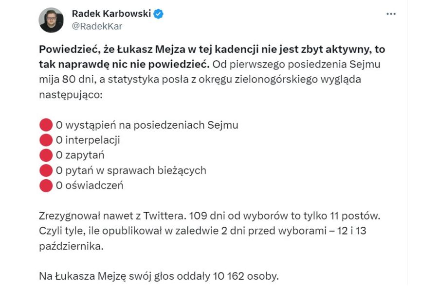 Brak aktywności Łukasza Mejzy