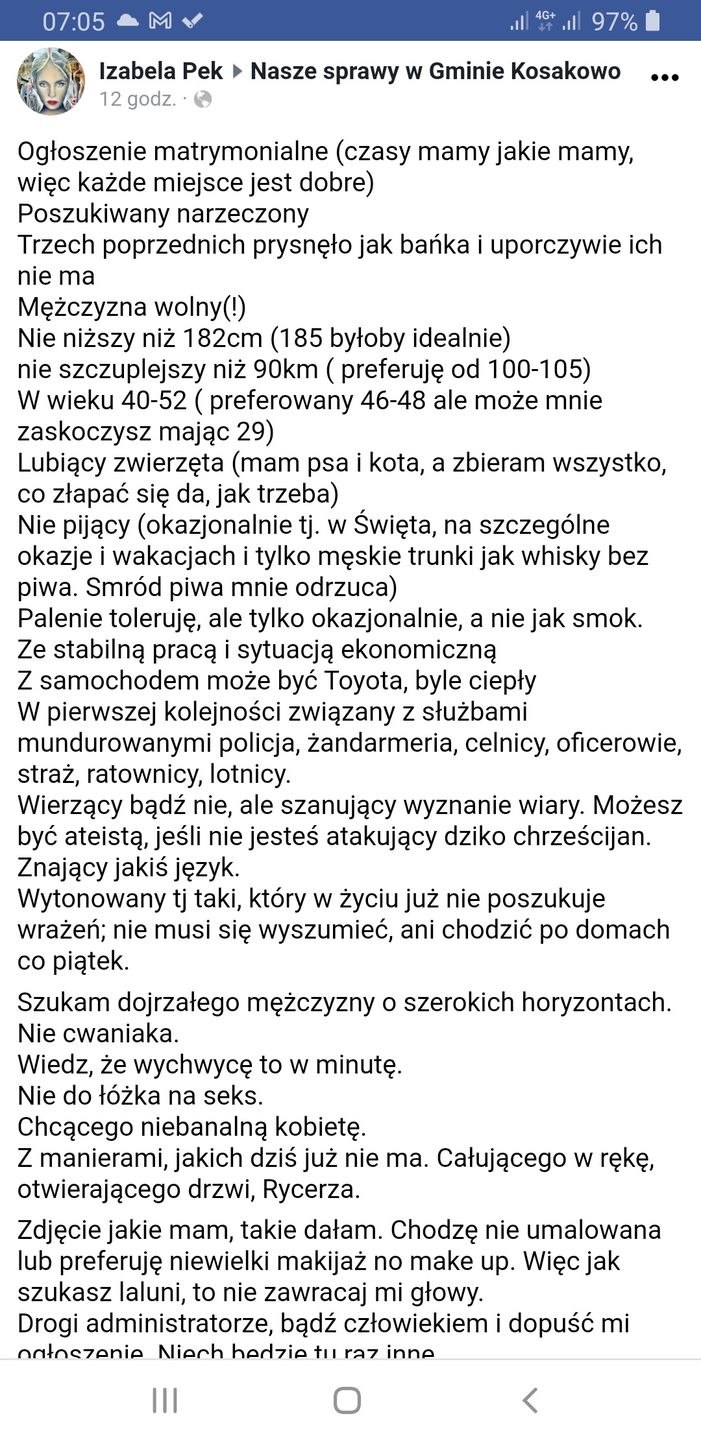 Izabela Pek od posła Pięty ogłasza, że SZUKA NARZECZONEGO