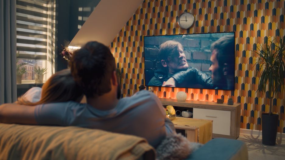 Couple on sofa watching action movie
Couple on sofa in living room, watching action movie on TV or criminal blockbuster on streaming service, talking and discussing acting, resting at home on weekend. Home theater in modern apartment.
couple, family, watch, tv, movie, action movie, home, blockbuster, sit, sofa, couch, weekend, together, talk, discuss, watching tv, film, movie scene, epic, tv content, tv series, channel, cozy, love, relaxed, rest, chilling, relationships, man, woman, entertainment, acting, streaming service, wife, husband, spouses, spending time, after work, leisure time, spare time, living room, evening, home theater, home cinema, modern design, apartment, interior, indoors, back view, lifestyle, couple, family, watch, tv, movie, action movie, home, blockbuster, sit, sofa, couch, weekend, together, talk, discuss, watching tv, film, movie scene, epic, tv content, tv series, channel, cozy, love, relaxed, rest, chilling, relationships, man, woman, entertainment, acting, streaming service, wife, husband, spouses, spending time, after work, leisure time, spare time, living room, evening, home theater, home cinema, modern design, apartment, interior, indoors, back view, lifestyle