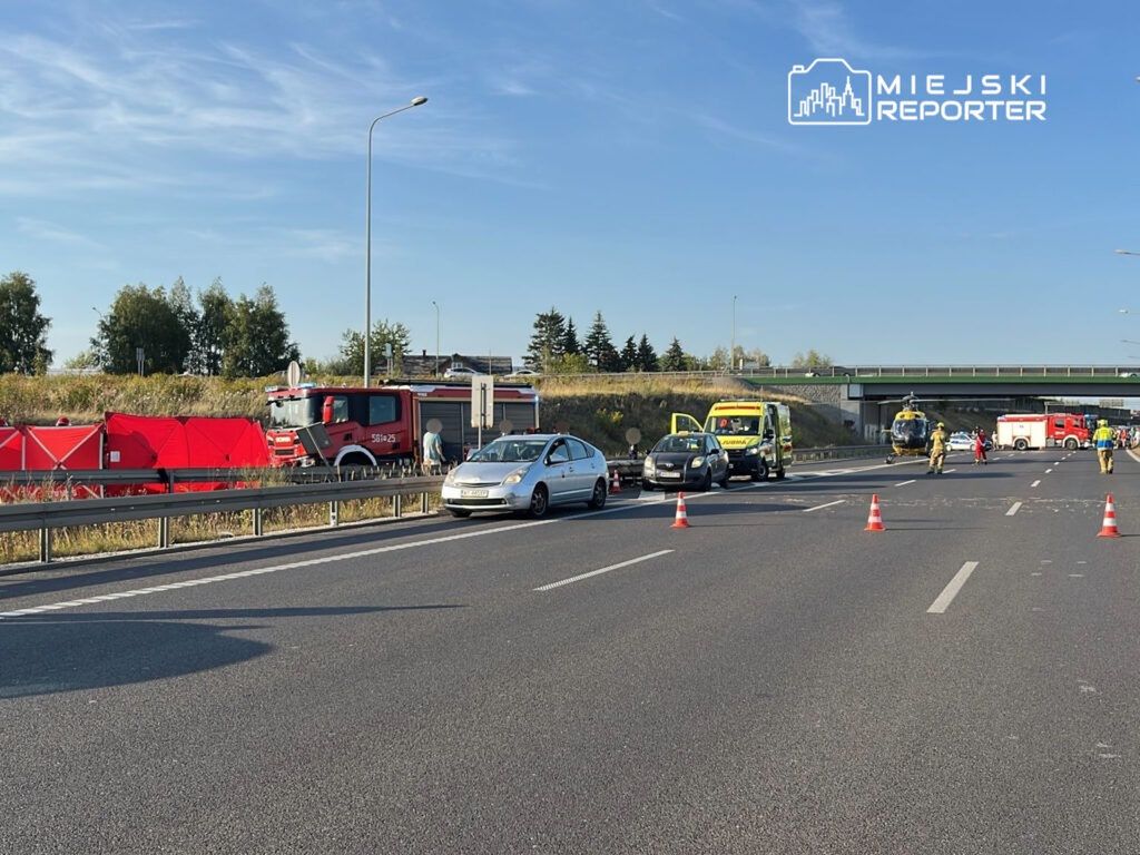 Na drodze krajowej zatrzymane samochody, w tle wóz strażacki i karetka, obok ratownicy pracujący przy zdarzeniu.