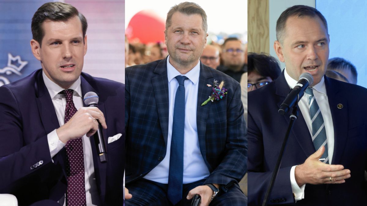 Od lewej: Tobiasz Bocheński, Przemysław Czarnek i Karol Nawrocki