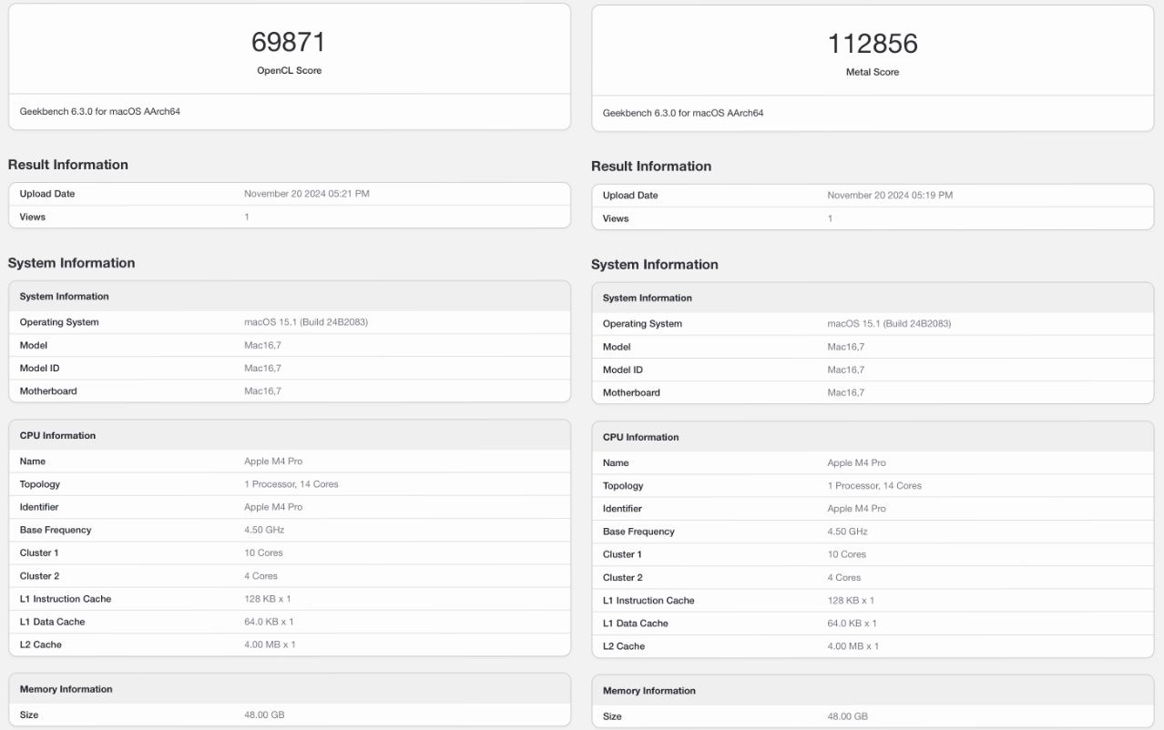 MacBook Pro m4 pro geekbench gpu