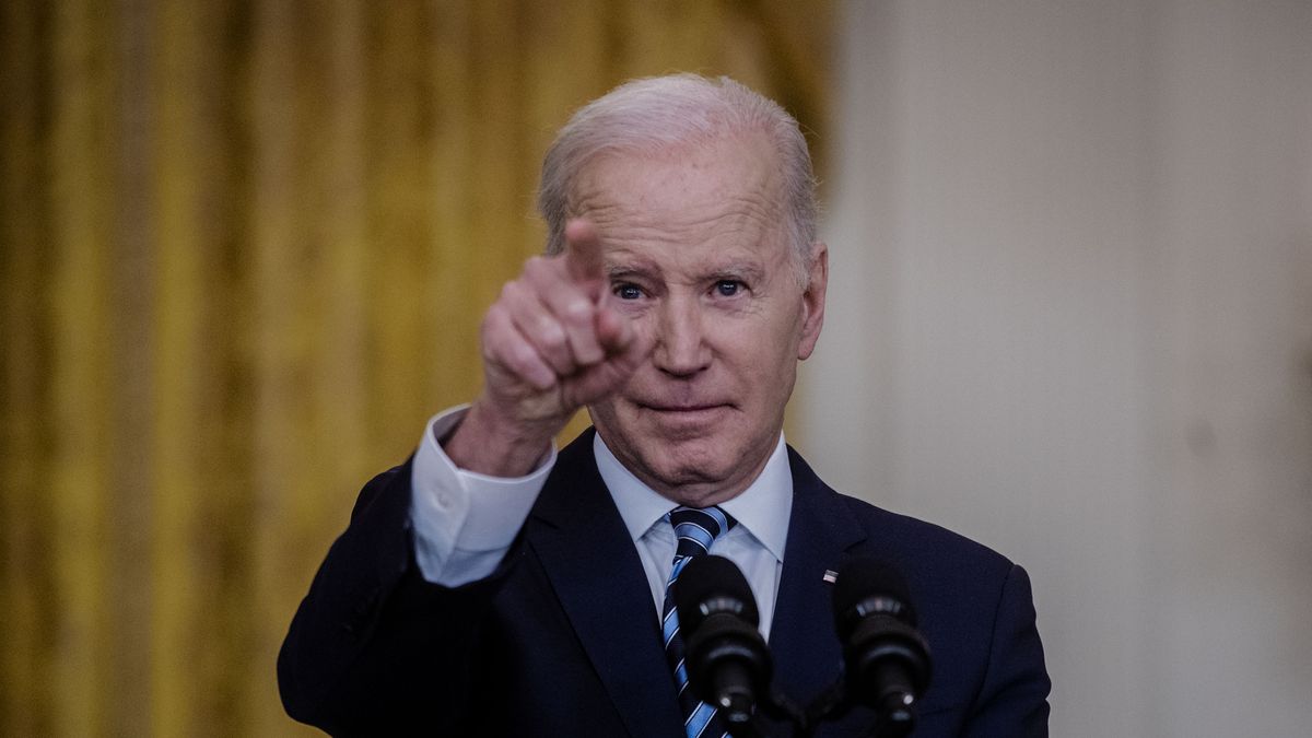 WASHINGTON, DC - FEBRUARY 24: 
President Biden points to a reporter after he delivers remarks in the wake of Russias invasion of Ukraine, in an East Room address at the White House in Washington, DC. 
(Photo by Bill O'Leary/The Washington Post via Getty Images)