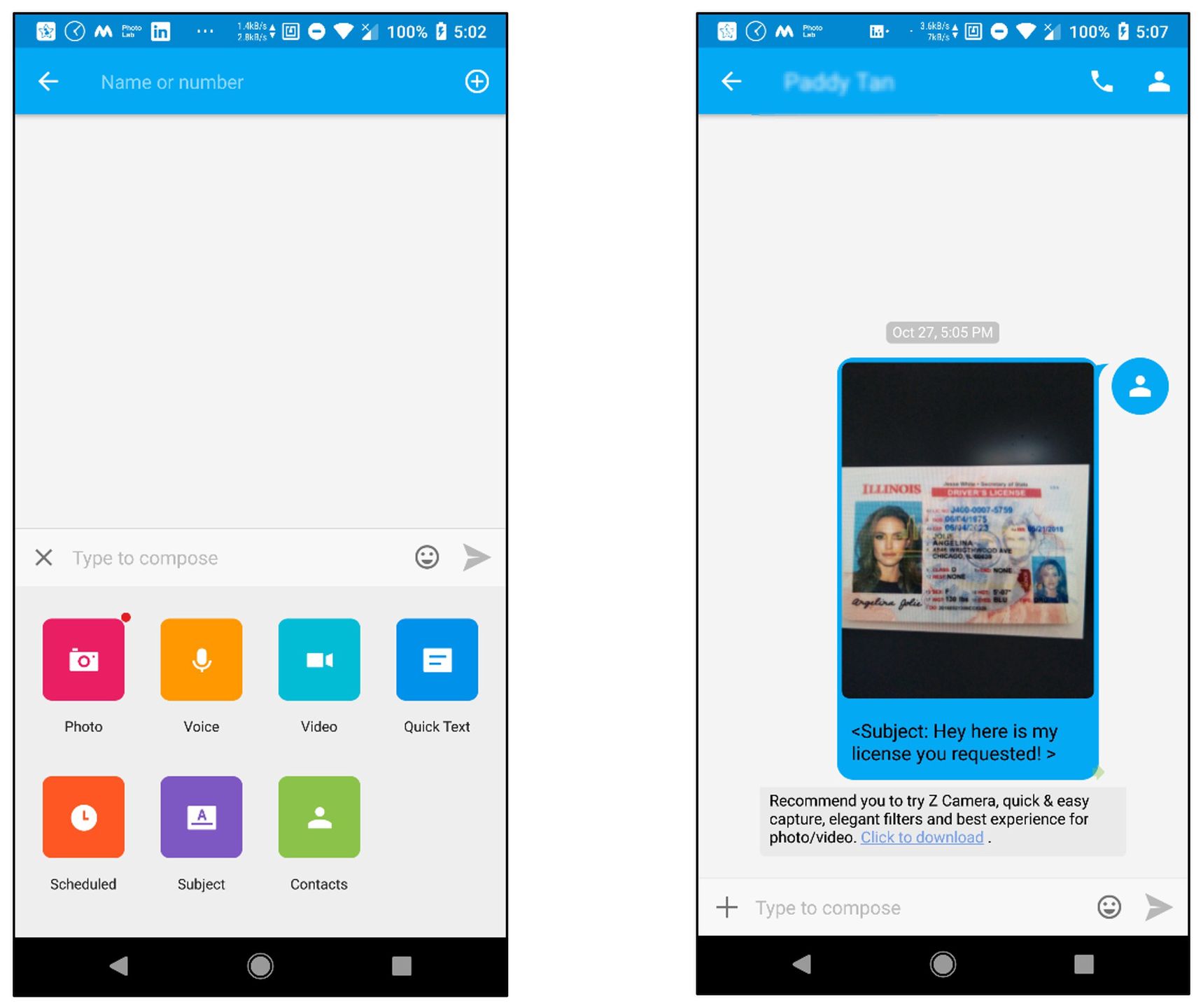 Wysyłanie zdjęć przez GO SMS Pro przypomina wysyłanie MMS-ów