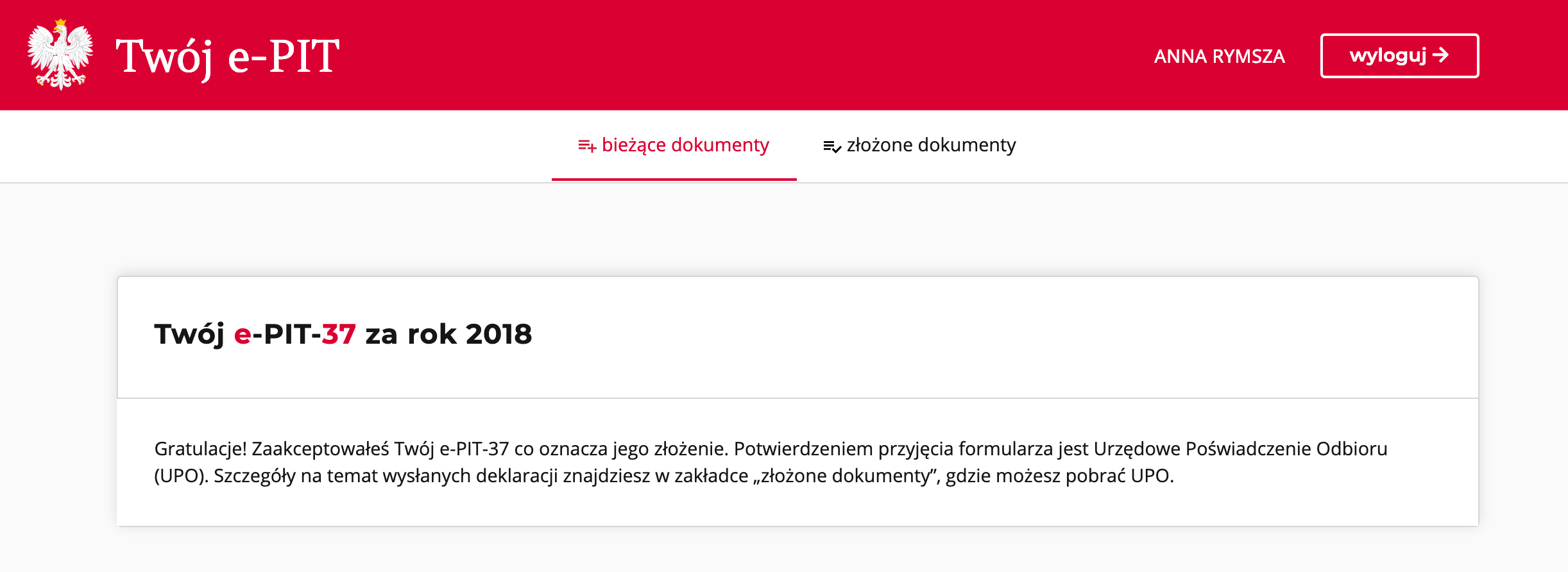 Potwierdzenie wysłania deklaracji. W sekcji „złożone dokumenty” znajdziemy potwierdzenie i kopię formularza