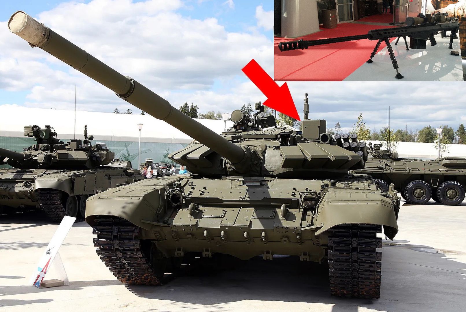 Rosyjski czołg T-72B3 z widoczną kopułą celownika Sosna-U zasłonięta przykręcaną płytą, którą można pokonać karabinem Barrett M107A1.