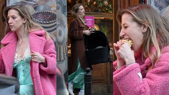 Lara Gessler pałaszuje pączka w turkusowej piżamie (?) i różowym płaszczu (ZDJĘCIA)