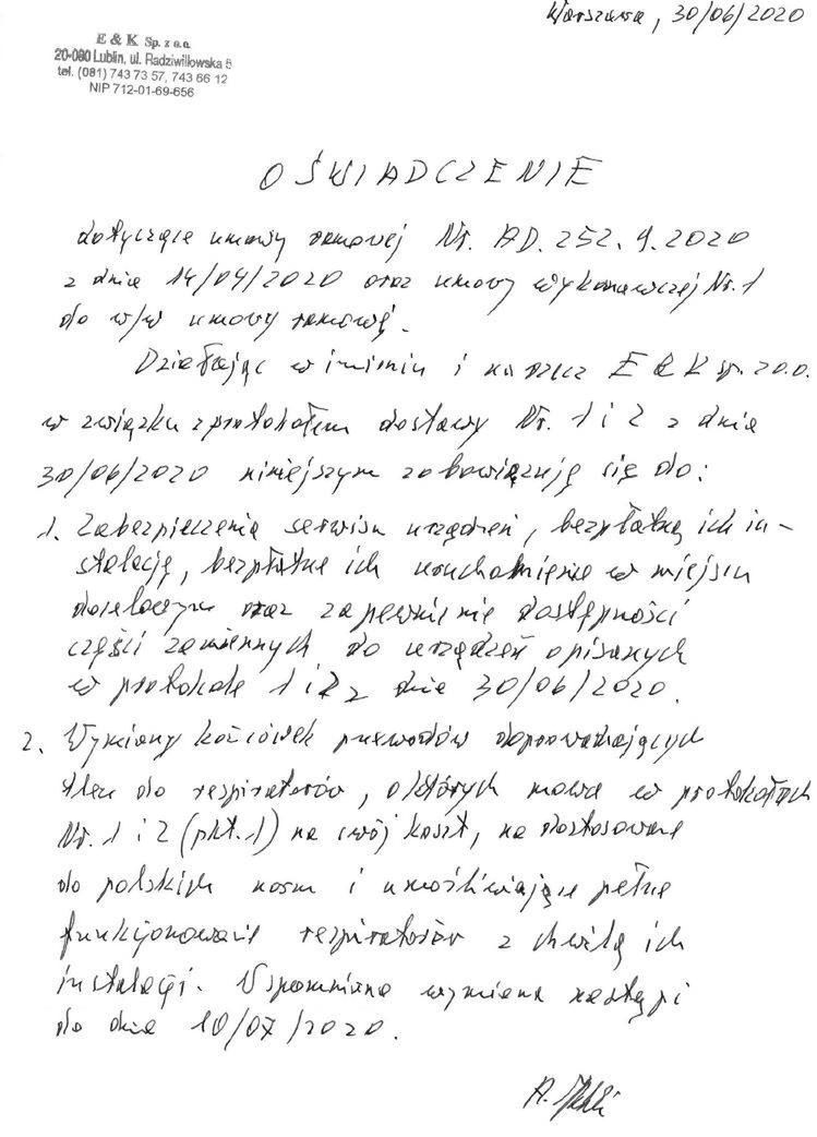 Tak prezentuje się "odrębny dokument", na podstawie którego Ministerstwo Zdrowia przyjęło respiratory od E&K.