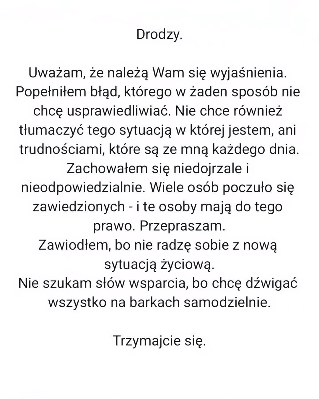 Maciej Pela wydał oświadczenie 