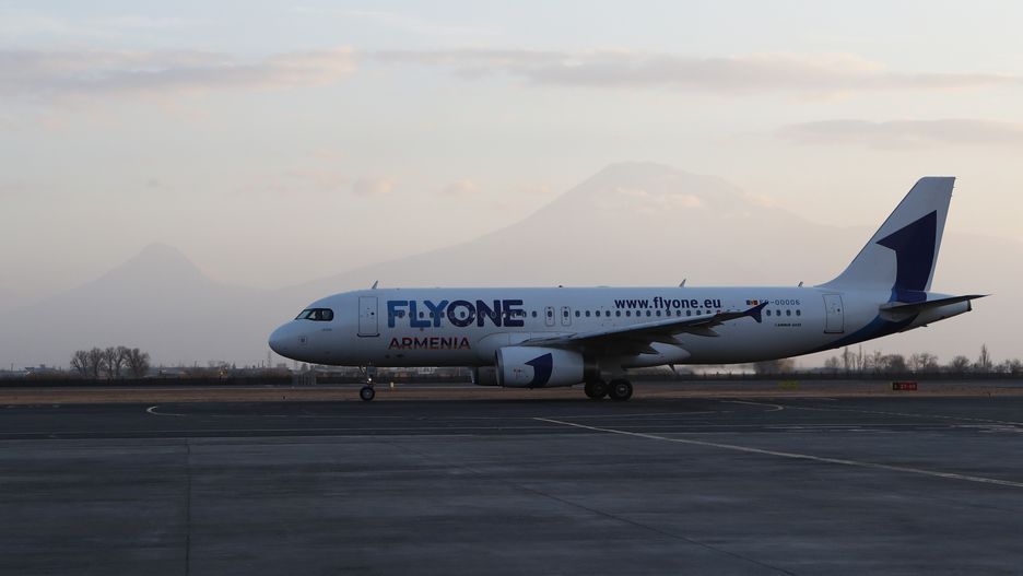 YEREVAN, ARMENIA - FEBRUARY 2: An airplane belongs to Flyone arrives at 'Zvartnots' international airport as flights between Turkiye and Armenia resume with the first flight from Istanbul to Yerevan, in Yerevan, Armenia on February 2, 2022. (Photo by Vahram Baghdasaryan /PHOTOLURE//Anadolu Agency via Getty Images)