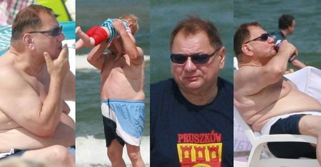 Ryszard Kalisz z energetykiem i papierosem smaży się na plaży (ZDJĘCIA)