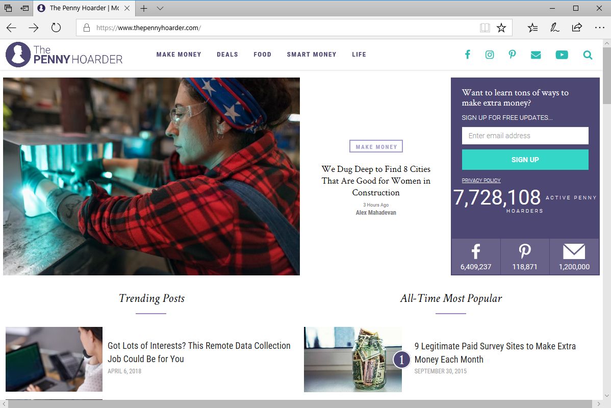 The Penny Hoarder w przeglądarce Edge.