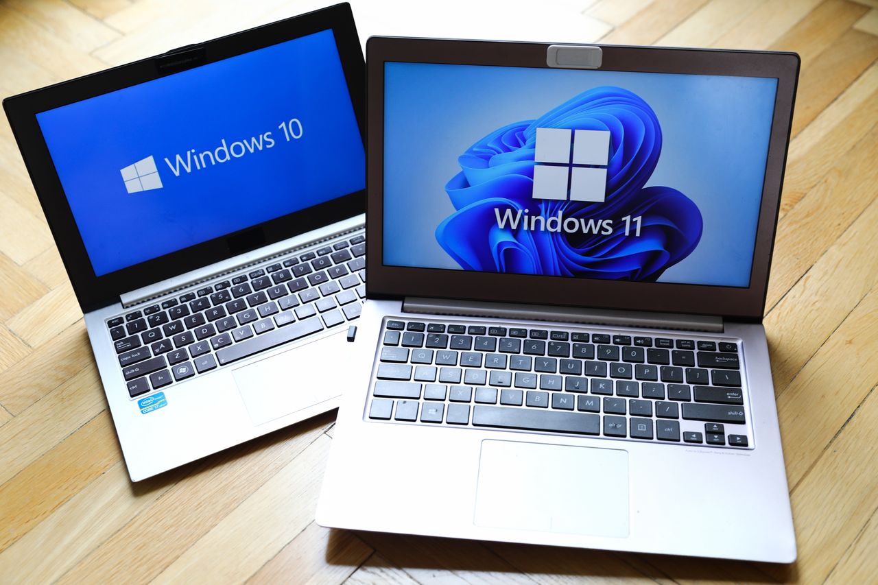 Windows 11 and Windows 10 operating system logos are displayed on laptop screens for illustration photo. Krakow, Poland on February 3, 2022. (Photo by Beata Zawrzel/NurPhoto via Getty Images)