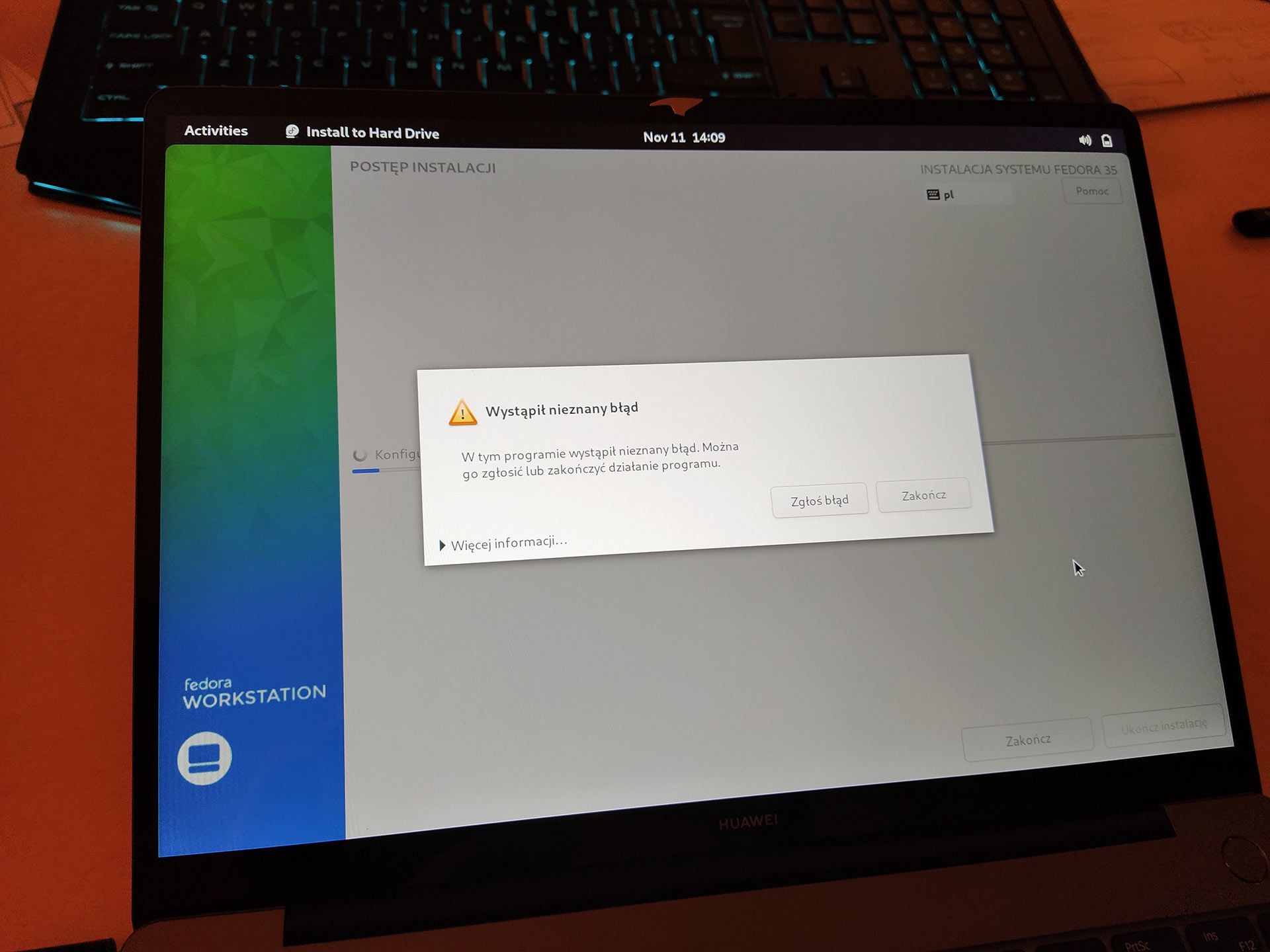 Fedora błąd podczas instalacji na jednym z laptopów - to nie wróży dobrze dla początkującego usera