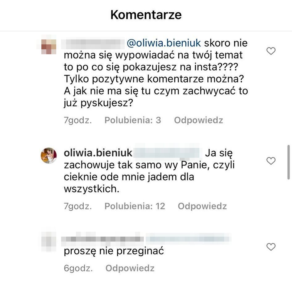 Komentarze pod nagraniem Oliwii Bieniuk