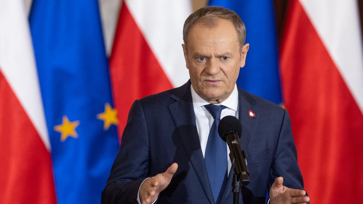 Polish Prime Minister Donald Tusk is speaking during a press conference after a government meeting in Warsaw, Poland, on January 3, 2024. (Photo by Foto Olimpik/NurPhoto via Getty Images)