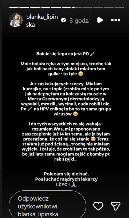 Post Blanki Lipińskiej na Instagramie
