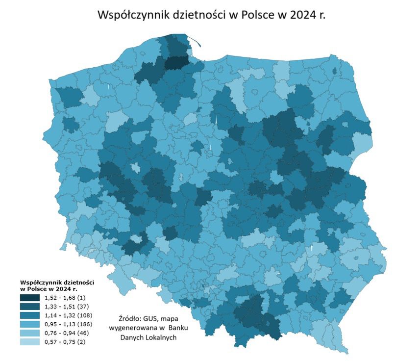 Najwyższą dzietnością w Polsce charakteryzują się okolice dużych