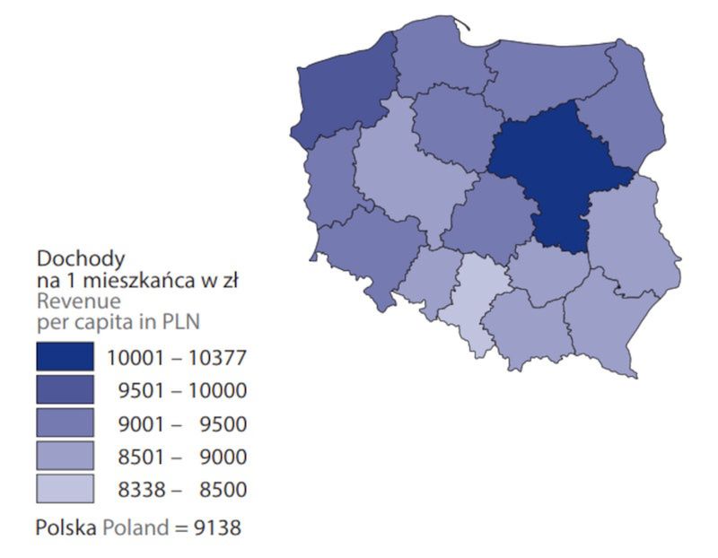 Dochody samorządów na 1 mieszkańca w poszczególnych regionach