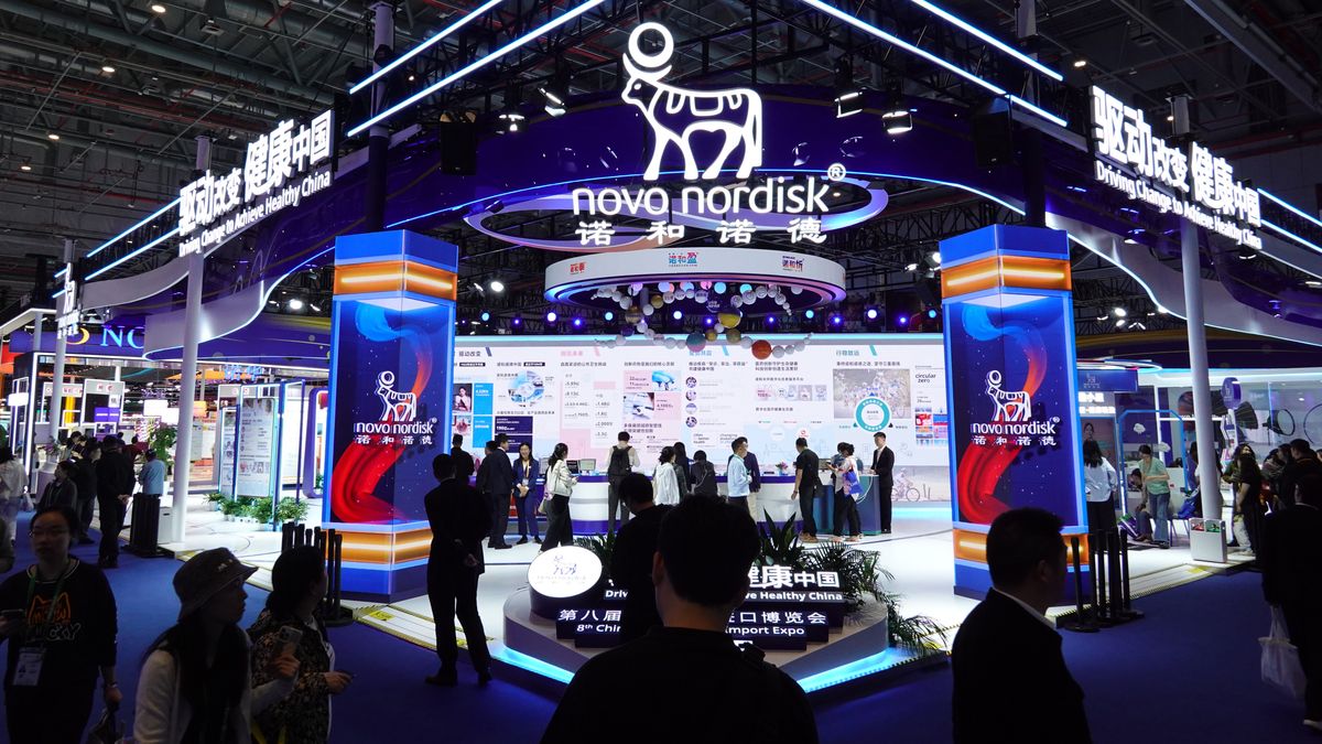 SHANGHAI, CHINA - 2025/11/08: Novo Nordisk's booth with the theme "Driving Change for a Healthy China" is shown at the 8th China International Import Expo. (Photo by Sheldon Cooper/SOPA Images/LightRocket via Getty Images)