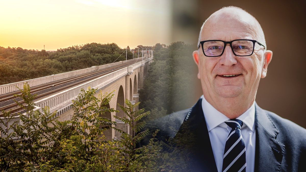 Na kolażu most kolejowy nad Nysą Łużycką między Zgorzelcem a Goerlitz oraz premier Brandenburgii Dietmar Woidke
