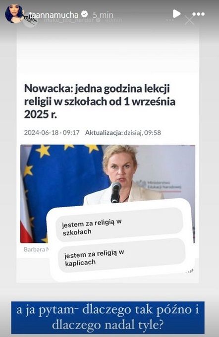 Anna Mucha o lekcjach religii w szkołach