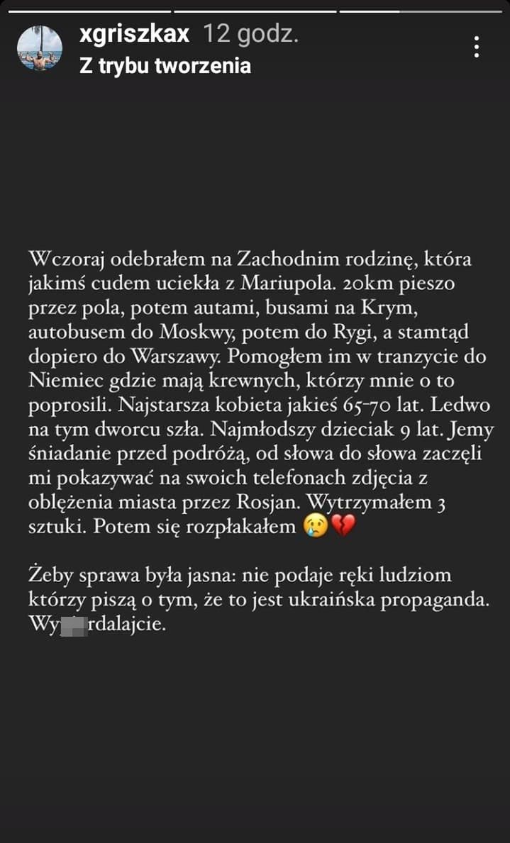 Wpis byłego partnera Olgi Frycz na Instagramie 