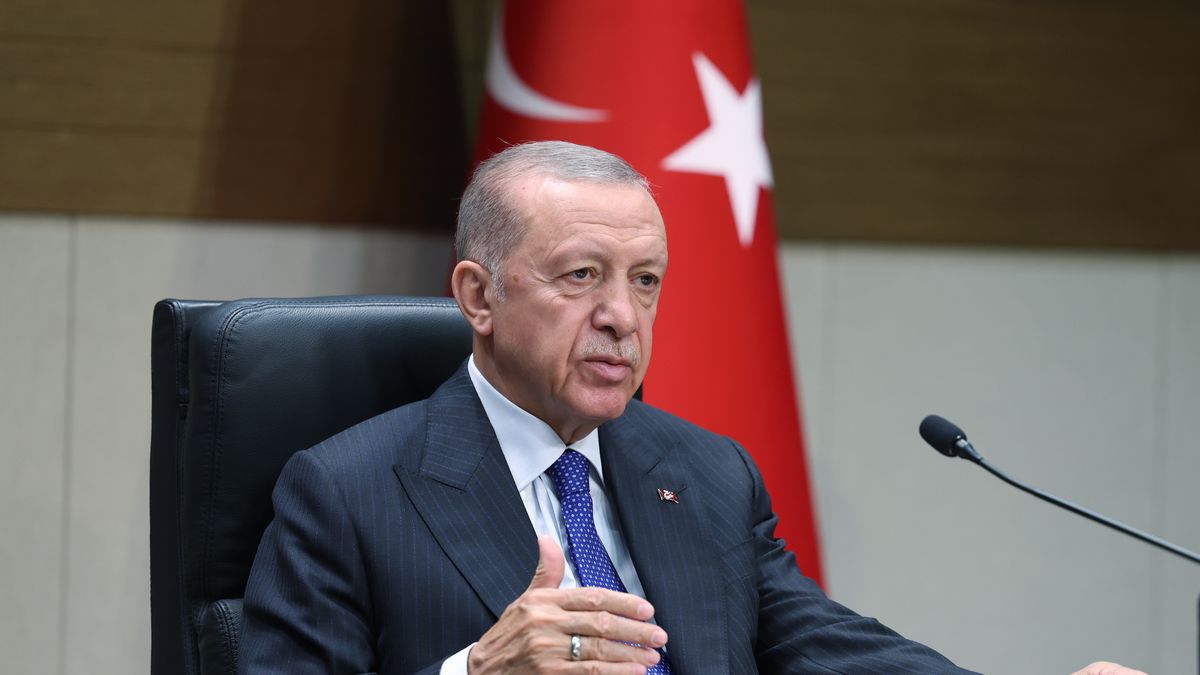 Turkish President Recep Tayyip Erdogan
ISTANBUL, TURKIYE - JULY 17: (----EDITORIAL USE ONLY - MANDATORY CREDIT - 'TURKISH PRESIDENCY / MURAT CETINMUHURDAR / HANDOUT' - NO MARKETING NO ADVERTISING CAMPAIGNS - DISTRIBUTED AS A SERVICE TO CLIENTS----) Turkish President Recep Tayyip Erdogan speaks during a press conference before his flight to Jeddah at the Ataturk Airport in Istanbul, Turkiye on July 17, 2023. (Photo by TUR Presidency / Murat Cetinmuhurdar / Handout/Anadolu Agency via Getty Images)
Anadolu Agency
flight, meet, speak, turkish president recep tayyip erdogan
