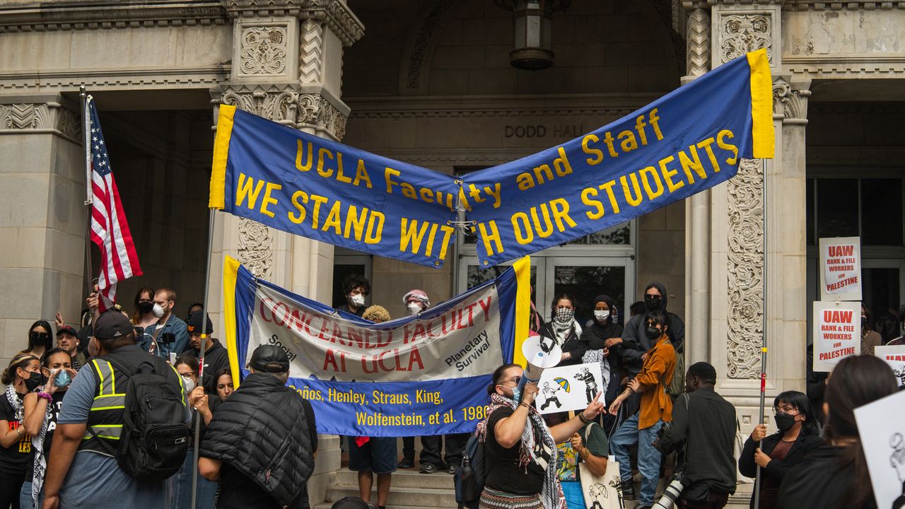 Pro-Palestine protesters tried to hold space again on the UCLA campus, on May 23, 2024. They initially attempted to occupy an outdoor space and then aimed to take over a university building, specifically Dodd Hall. (Photo by Shay Horse/NurPhoto via Getty Images)