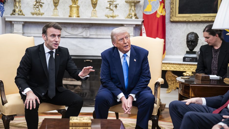 Washington, DC - February 24 : French President Emmanuel Macron meets with President Donald J Trump in the Oval Office at the White House on Monday, Feb 24, 2025 in Washington, DC. (Photo by Jabin Botsford/The Washington Post via Getty Images)