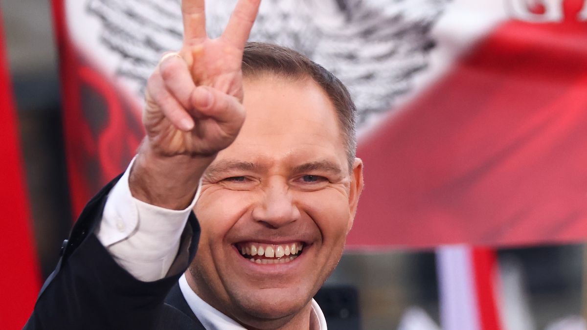 Karol Nawrocki, presidential candidate supported by the Law and Justice party, attends a campaign rally on May 29, 2025 in Katowice, Poland. Second round of presidential elections in Poland will take place on June 1st. Nawrocki will compete with Rafal Trzaskowski, pro-European ruling party's candidate.  (Photo by Beata Zawrzel/NurPhoto via Getty Images)