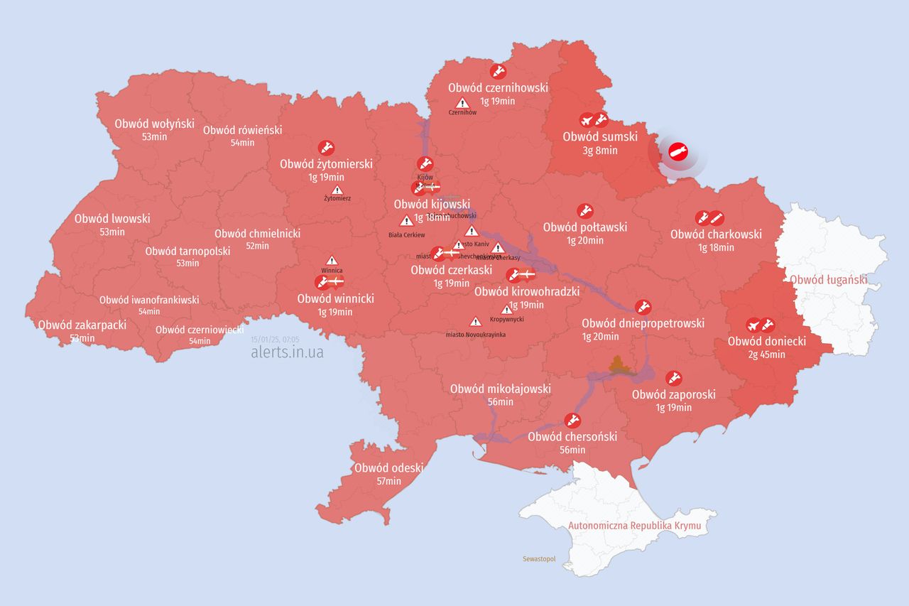 Mapa alarmów w Ukrainie. Stan na godz. 6:06