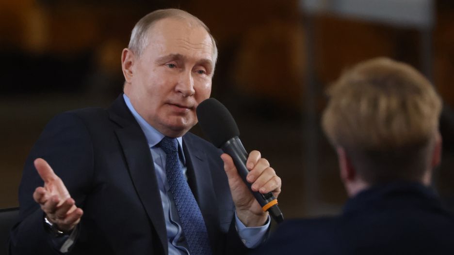 TULA, RUSSIA - APRIL 4: (RUSSIA OUT) Russian President Vladimir Putin gestures during his meeting with workers at the Tulazheldormash plant of the PTK Group, on April 4, 2023 in Tula, Russia. Putin is on a one day trip to Tula, an industrial city, located 193 kilometers (120 mi) south of Moscow. (Photo by Contributor/Getty Images)
