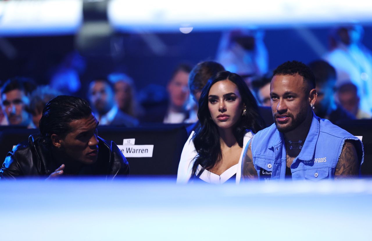 RIYADH, SAUDI ARABIA - OCTOBER 12: Conor Benn, Bruna Biancardi and Neymar are seen in attendance during the IBO World Middleweight title fight between Chris Eubank Jr and Kamil Szeremeta as part of the Riyadh Season - IV Crown Showdown card at Kingdom Arena on October 12, 2024 in Riyadh. (Photo by Richard Pelham/Getty Images)