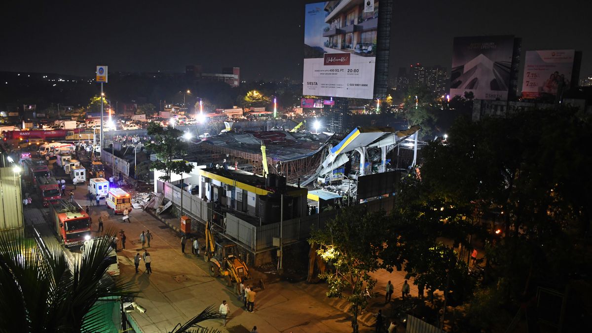 MUMBAI, INDIA - 2024/05/14: View of a petrol station where an advertising hoarding fell due to strong wind and rain in Mumbai. 14 people died and 70 were injured after getting trapped below the advertising hoarding that fell on to the Gas station at the Cheddanagar Junction in Ghatkopar, where many had come with their vehicles to fill gas and petrol. (Photo by Ashish Vaishnav/SOPA Images/LightRocket via Getty Images)