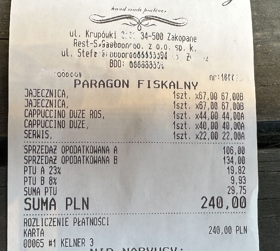 Paragon za śniadanie dla 2 osób na zakopiańskich Krupówkach