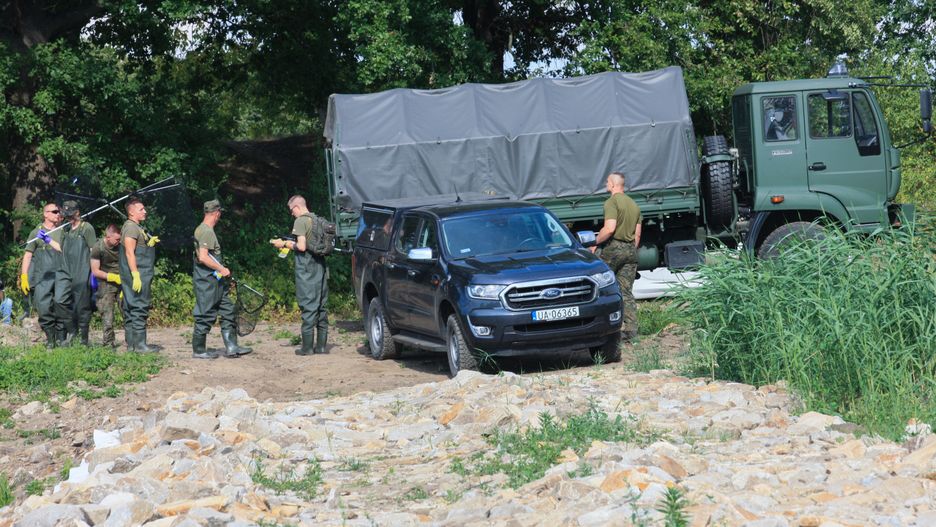 Słubice, 12.08.2022. Żołnierze i strażacy usuwają martwe ryby z Odry w okolicy Słubic, 12 bm. Do działań na lubuskim odcinku rzeki zostało skierowanych przez MON 150 żołnierzy WOT. Pływają oni wspólnie ze strażakami na łodziach czy pontonach i wybierają z rzeki truchło śniętych ryb. (sko) PAP/Lech Muszyński