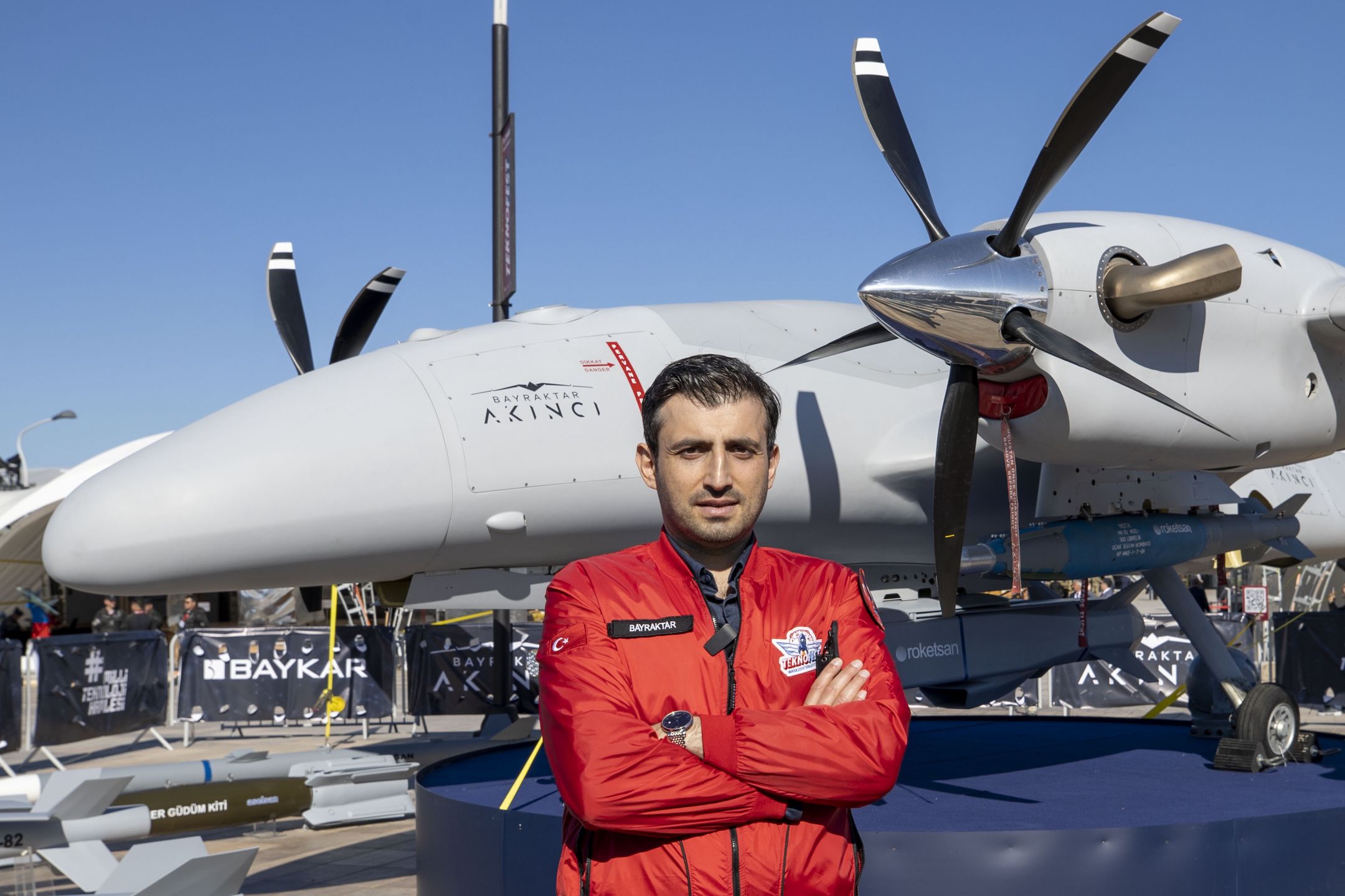 BAKU, AZERBAIJAN - MAY 25: Chairman of the board of the Turkish Technology Team Selcuk Bayraktar poses for a photo after visiting stands of stakeholders at the Baku Crystal Hall as preparations continue ahead of "TEKNOFEST Azerbaijan", in Baku, Azerbaijan on May 25, 2022. The Aviation, Space and Technology Festival is set to host competitions, exhibitions, and air shows to be held between May 26-29 of which Anadolu Agency is the global communication partner. (Photo by Mustafa Ciftci/Anadolu Agency via Getty Images)