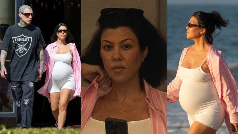 44-letnia Kourtney Kardashian prezentuje ciążowe krągłości w OBCISŁYM kombinezonie na spacerze z ukochanym (ZDJĘCIA)