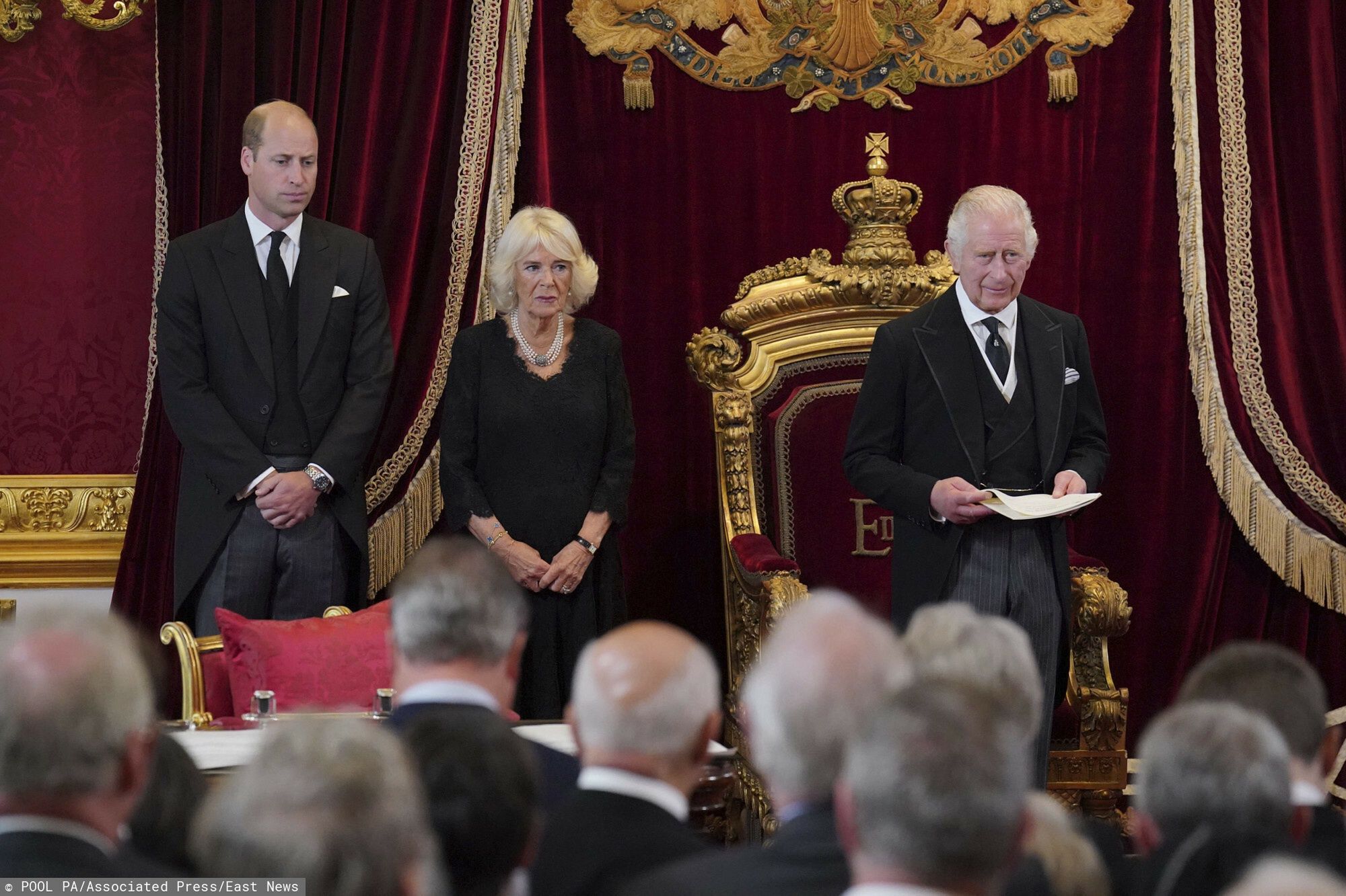 Proklamacja kr�la Karola III
From left, Britain's Prince William, Camilla the Queen Consort, and King Charles III during the Accession Council at St James's Palace, London, Saturday, Sept. 10, 2022, where King Charles III is formally proclaimed monarch. (Jonathan Brady/Pool Photo via AP)
POOL PA
