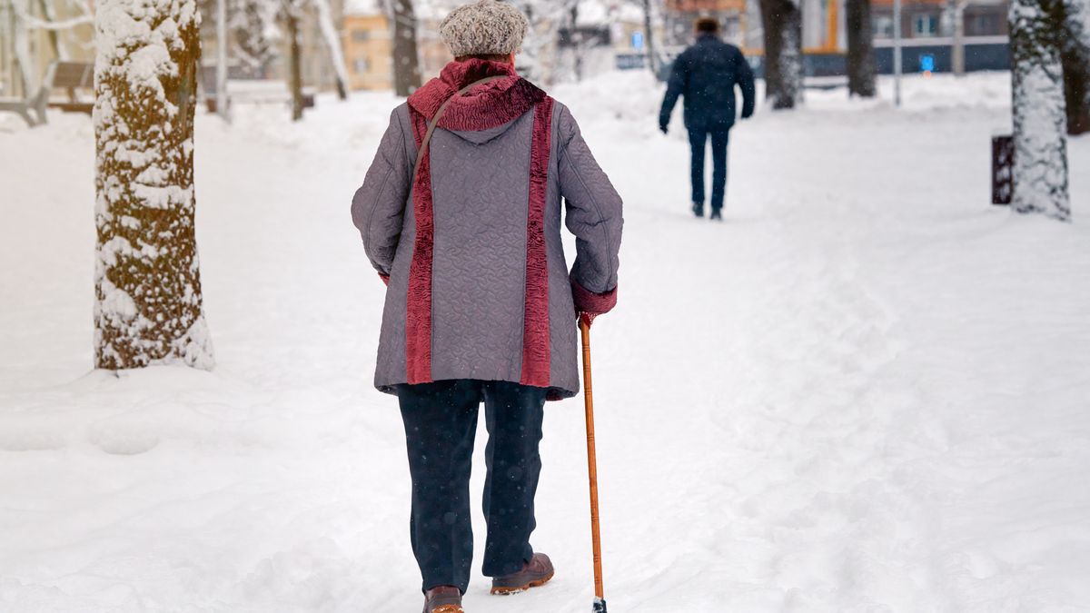 Na zdjęciu seniorka idąca przez śnieg