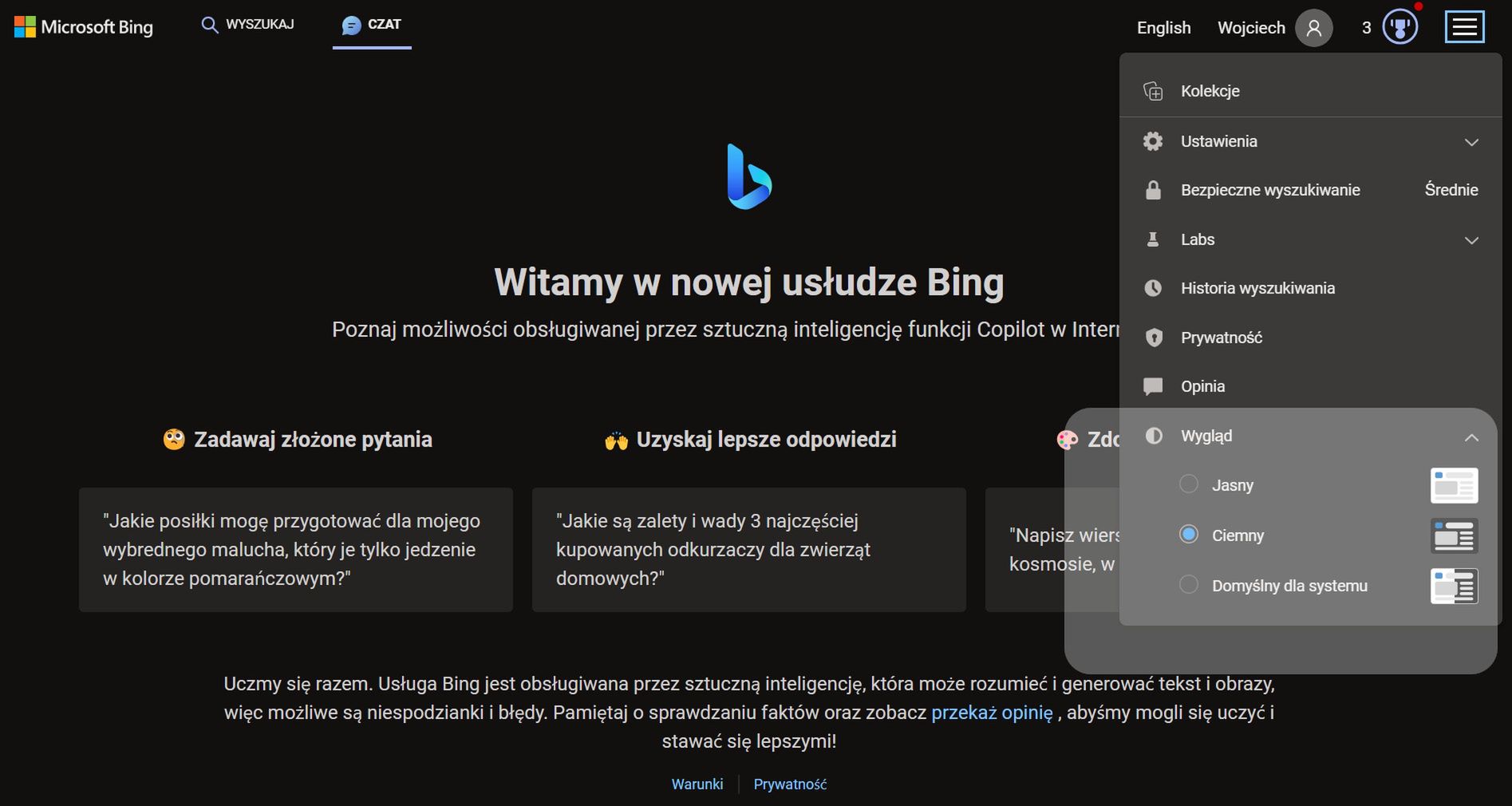 Zmiana wyglądu w Bing Chat