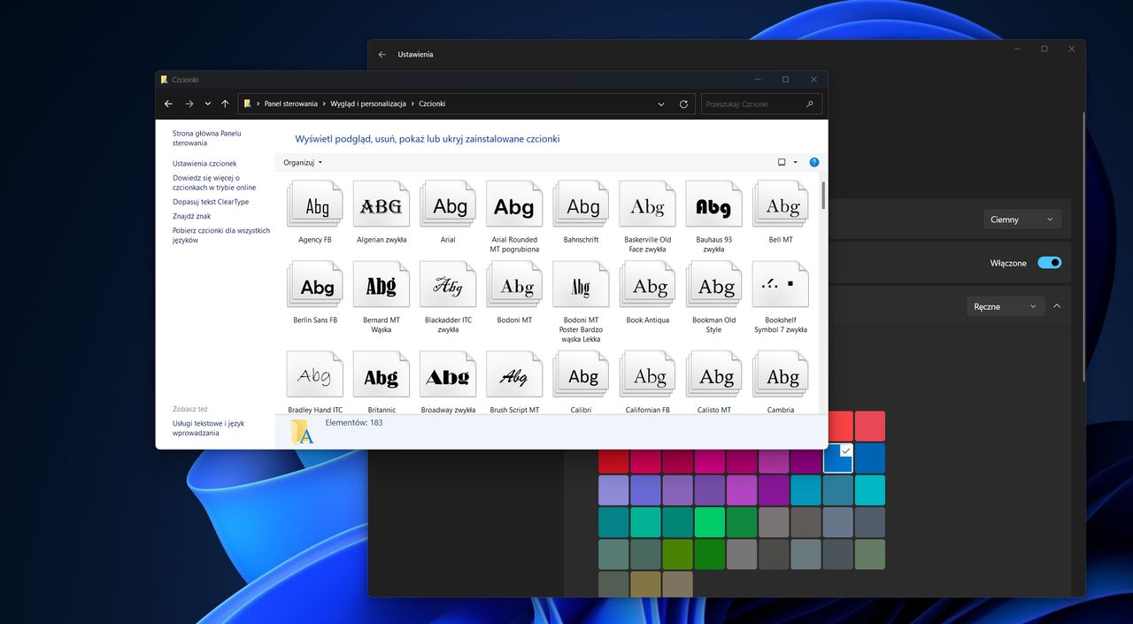 Czcionki w Panelu sterowania w Windows 11