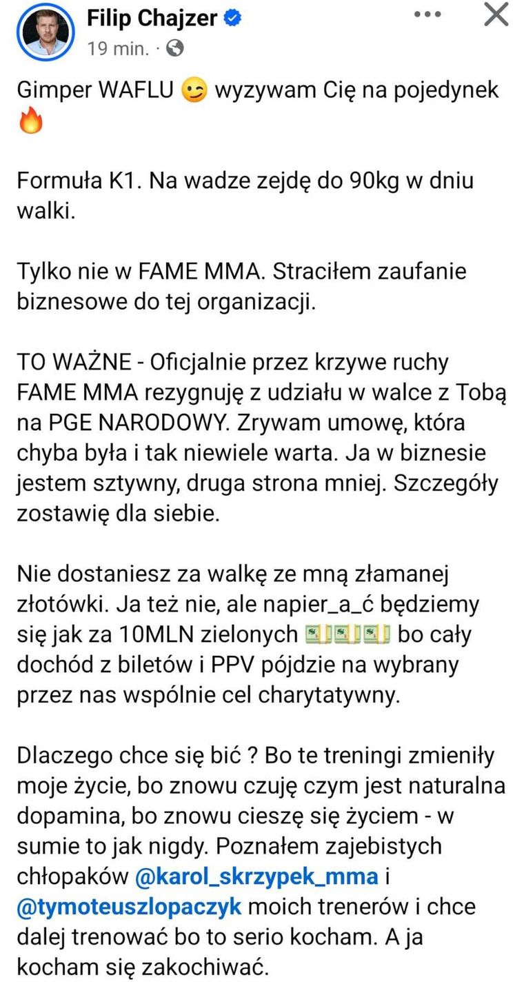 Usunięty wpis Filipa Chajzera o rezygnacji z Fame MMA.