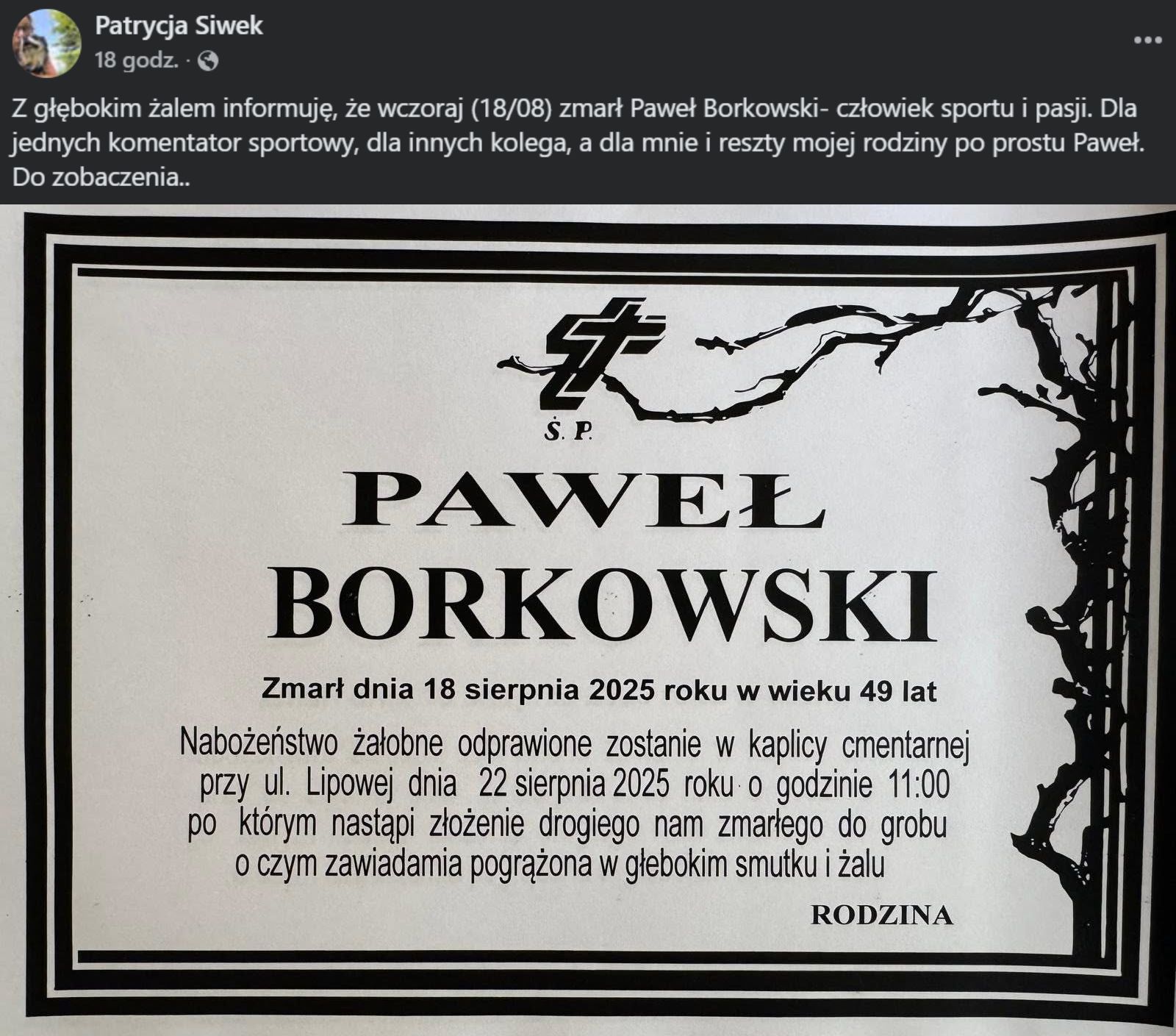 Nekrolog Pawła Borkowskiego