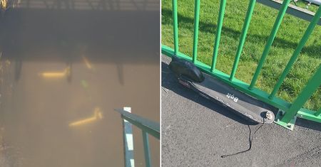 Trzy hulajnogi w rzece Bystrzyca, kolejna przy ulicy bez kierownicy