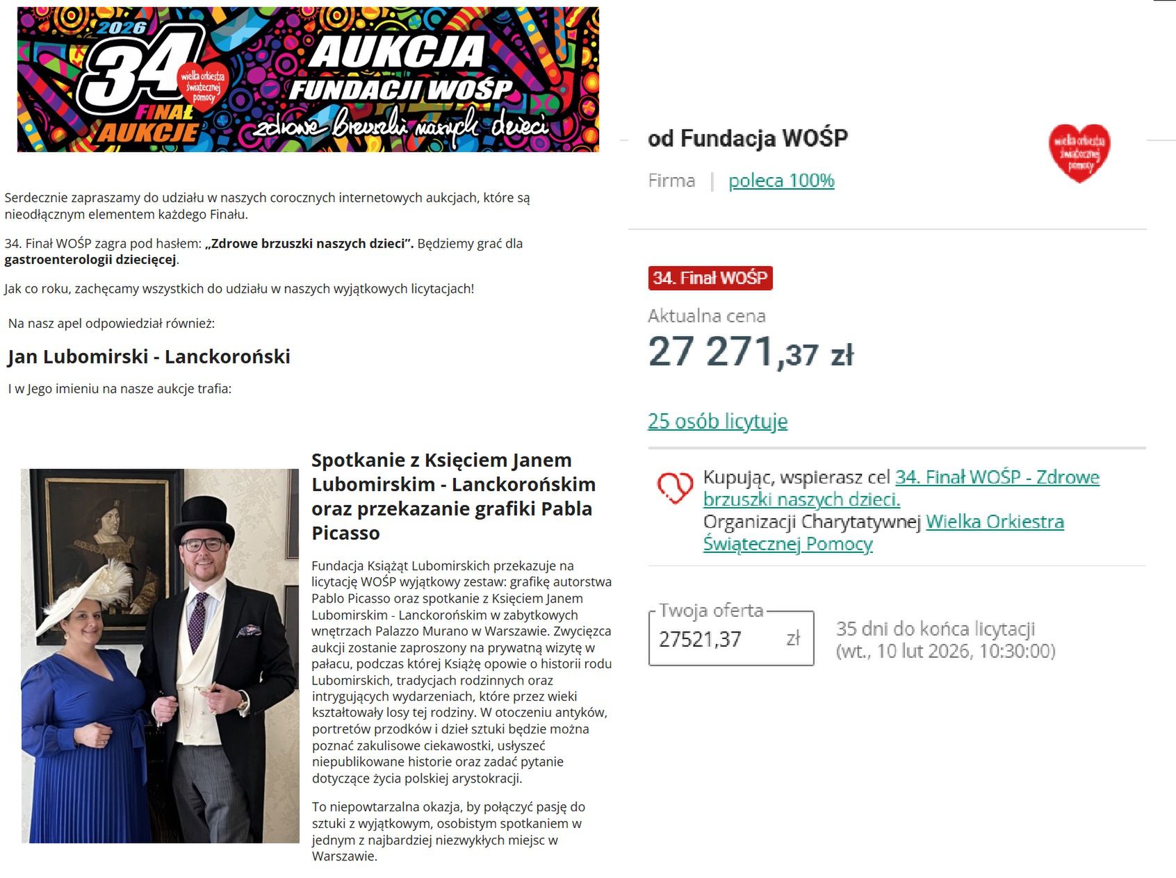 Oferta Jana Lubomirskiego-Lanckorońskiego na WOŚP
