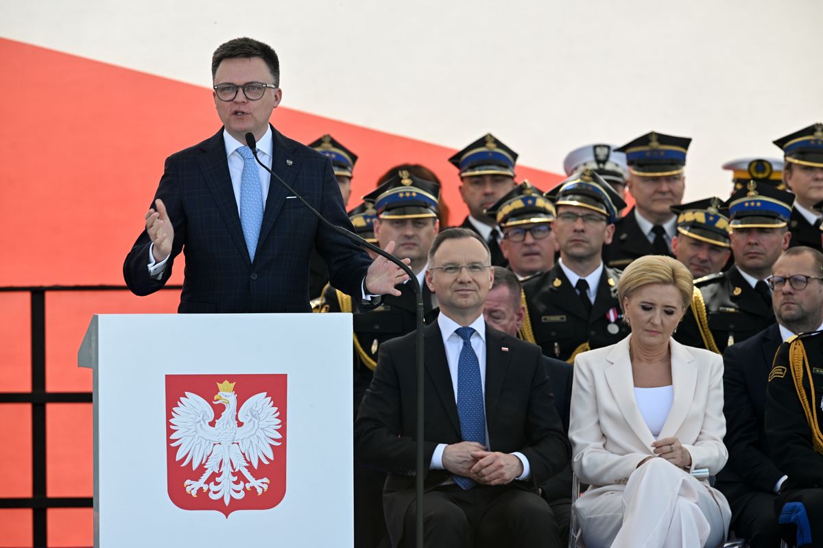 Prezydent Andrzej Duda i marszałek Sejmu Szymon Hołownia wzięli udział w centralnych obchodach z okazji Dnia Strażaka