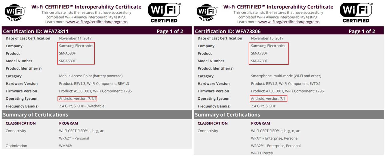 Samsung Galaxy A5 (2018) i A7 (2018) w bazie Wi-Fi Alliance